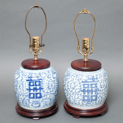 Lot 228 - Pair Chinese Blue and White Porcelain Lamps...