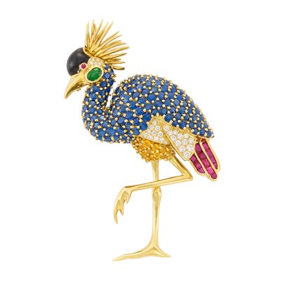 Lot 42 - Gold, Colored Stone, Diamond and Black Onyx Bird Clip-Brooch, Jean Vitau