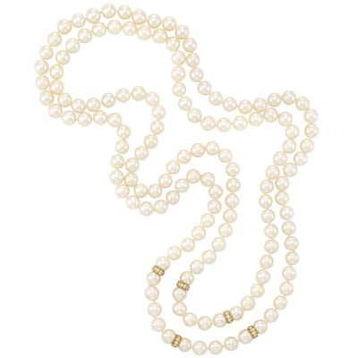 Lot 360 - Pair of Cultured Pearl, Gold and Diamond Necklaces