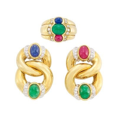 Lot 31 - Pair of Two-Color Gold, Cabochon Colored Stone and Diamond Earclips and Ring