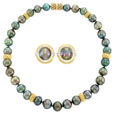Lot 552 - Semi-Baroque Tahitian Gray Cultured Pearl and Gold Bead Necklace and Two-Color Gold and Gray Mabé Pearl Earclips