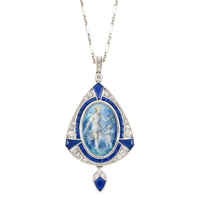 Lot 6 - Art Deco Platinum, Sapphire, Diamond, 'Grace and Cupid' Painted Miniature Pendant and Chain, France