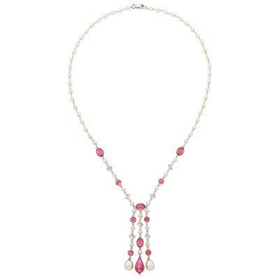 Lot 162 - White Gold, Pink Tourmaline, Diamond and Cultured Pearl Fringe Chain Necklace