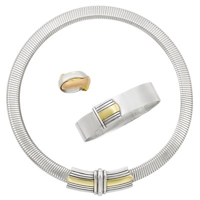 Lot 122 - Tricolor Gold Rolling Ring and a Silver and Gold Necklace and Bracelet, Cartier