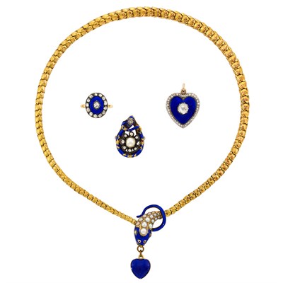 Lot 356 - Antique Gold, Silver, Split Pearl and Enamel Snake Necklace, Diamond and Enamel Heart Pendant and Two Rings