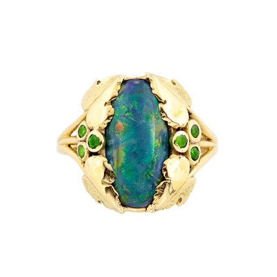 Lot 29 - Art Nouveau Gold, Black Opal, and Demantoid Garnet Ring, Tiffany & Co.