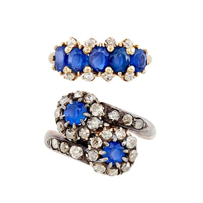 Lot 65 - Silver, Gold, Sapphire and Diamond Crossover Ring and Gold, Sapphire and Diamond Ring