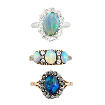 Lot 15 - Three Tricolor Gold, Opal and Diamond Rings