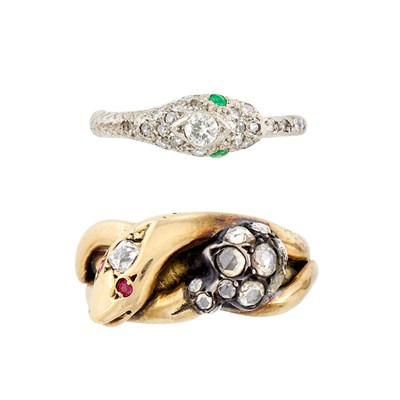 Lot 31 - Antique Low Karat Gold, Silver, Diamond and Ruby Snake and Skull Ring and White Gold, Diamond and Emerald Snake Ring