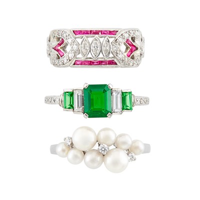 Lot 141 - Three Platinum, White Gold, Cultured Pearl, Tsavorite, Diamond, Ruby and Synthetic Ruby Rings, Mikimoto