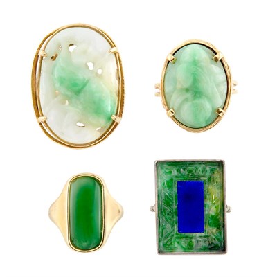 Lot 76 - Group of Four Gold, Silver, Jade and Lapis Lazuli Rings