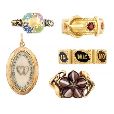 Lot 26 - Four Victorian Gold, Enamel, Garnet and Banded Agate Rings and Memorial Pendant