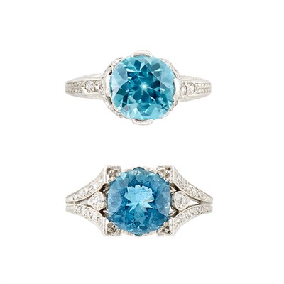 Lot 4 - Two Platinum, Blue Zircon, Aquamarine and Diamond Rings