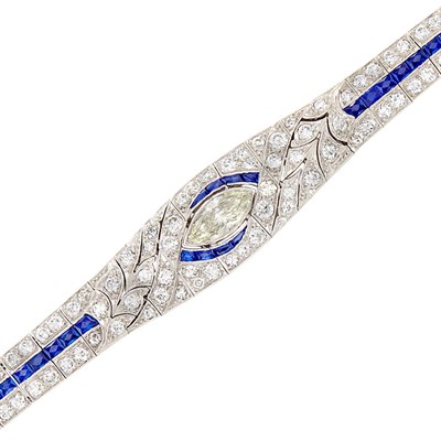 Lot 398 - Art Deco Platinum, Diamond and Synthetic Sapphire Bracelet