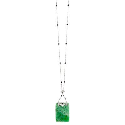 Lot 358 - Platinum, White Gold, Diamond, Carved Jade and Black Onyx Pendant-Necklace