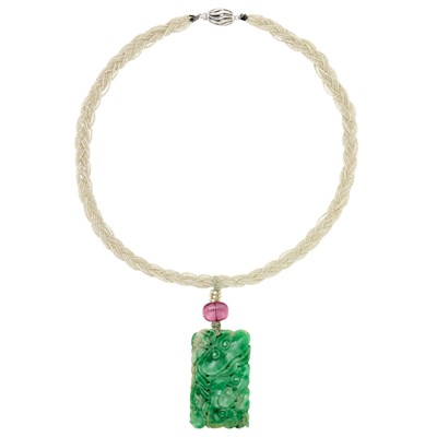 Lot 59 - Braided Seed Pearl, White Gold, Carved Jade and Pink Tourmaline Bead  Pendant-Necklace