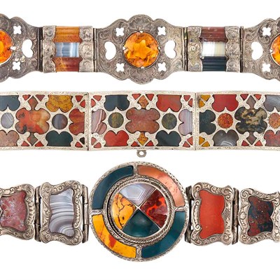 Lot 103 - Three Antique Scottish Agate, Gold, Silver and Citrine Bracelets