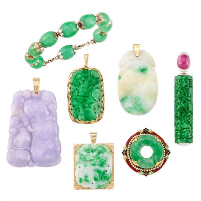 Lot 86 - Six Gold, Carved Multicolored Jade, Pink Tourmaline, Seed Pearl and Enamel Pendants and a Gold and Jade Bead Bracelet