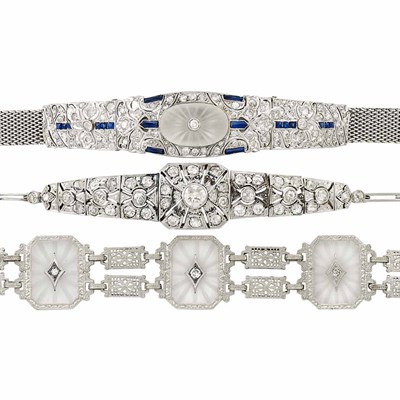 Lot 62 - Three Platinum, Gold, Low Karat Gold, Diamond, Rock Crystal and Synthetic Sapphire Bracelets