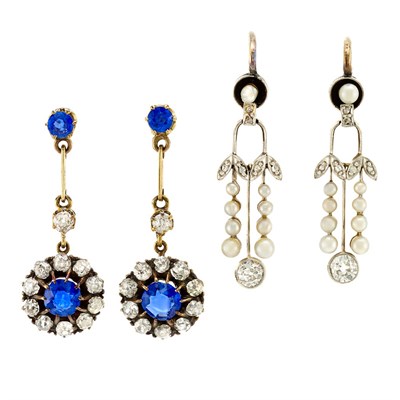 Lot 5 - Pair of Antique Sapphire and Diamond Pendant-Earrings and Edwardian Diamond and Button Pearl Pendant-Earrings