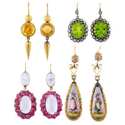 Lot 27 - Four Pairs of Gem-Set, Diamond and Enamel Pendant-Earrings