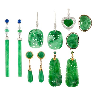 Lot 77 - Two-Color Gold, Silver, Jade, Diamond and Sapphire Heart Pendant and Five Pairs of Jade Earrings