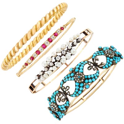 Lot 44 - Antique Silver, Gold, Turquoise, Pearl and Diamond Bangle and Three Gold, Ruby and Diamond Bangles