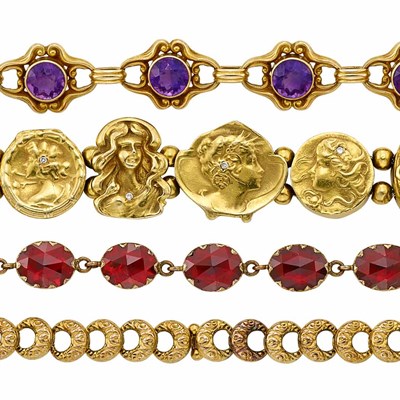 Lot 35 - Four Antique and Art Nouveau Gold, Silver Gilt, Diamond, Enamel, Garnet and Amethyst Bracelets