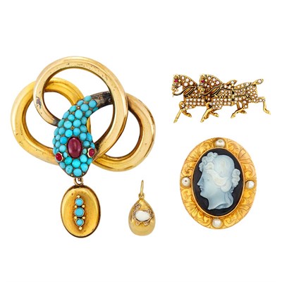 Lot 36 - Group of Antique Gold, Turquoise, Pearl, Diamond and Hardstone Cameo, Snake, Horse and Duck Jewelry