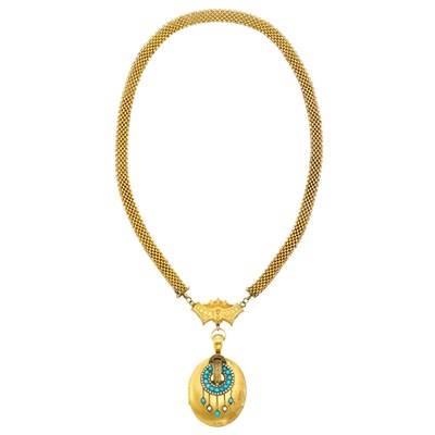 Lot 40 - Antique Gold, Split Pearl and Turquoise Locket with a Gold-Filled Necklace