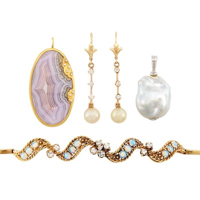 Lot 124 - Two-Color Gold, Opal, Multi-Colored Agate, Cultured Pearl and Diamond Bracelet, Two Pendants and a Pair of Earrings
