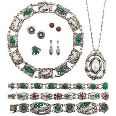 Lot 352 - Group of Sterling Silver, Blister Pearl, Dyed Green Chalcedony and Moonstone Jewelry, Georg Jensen