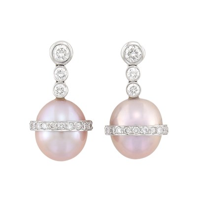Lot 313 - Pair of White Gold, Lavender Freshwater Pearl and Diamond Pendant-Earrings