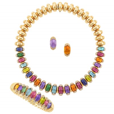 Lot 445 - Gold, Diamond and Cabochon Colored Stone 'Celtaura' Necklace, Bracelet and Pair of Earclips, Bulgari