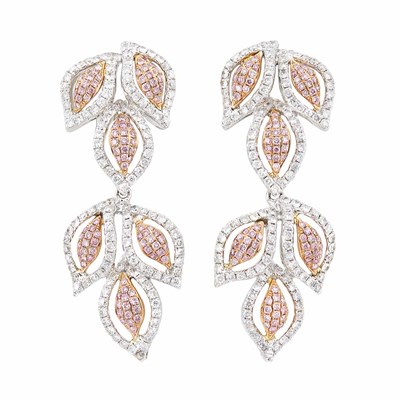 Lot 132 - Pair of Two-Color Gold, Pink Diamond and Diamond Leaf Pendant-Earrings