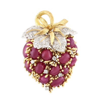 Lot 95 - Two-Color Gold, Ruby and Diamond Strawberry Brooch