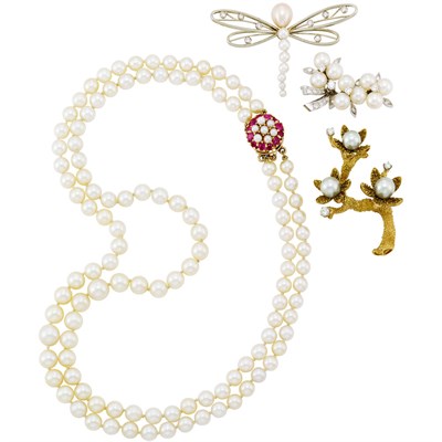 Lot 71 - Two-Color Gold, Cultured Pearl, Colored Cultured Pearl, Ruby and Diamond Necklace and Three Brooches