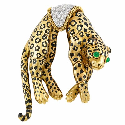 Lot 400 - Gold, Platinum, Diamond, Cabochon Emerald and Enamel Leopard Brooch, David Webb
