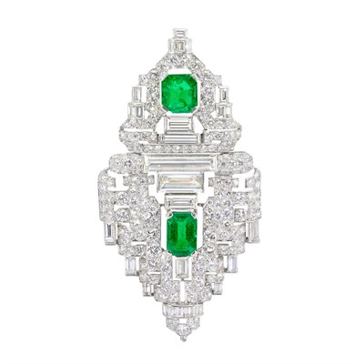 Lot 374 - Platinum, Emerald and Diamond Double Clip-Brooch