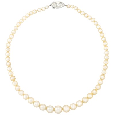 Lot 370 - Natural Pearl Necklace with Platinum and Diamond Clasp