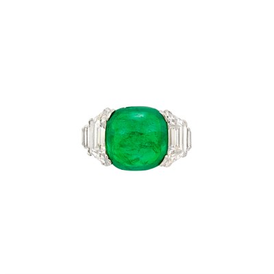 Lot 372 - Platinum, Cabochon Emerald and Diamond Ring