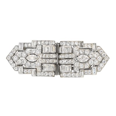 Lot 373 - Platinum, White Gold and Diamond Double Clip-Brooch with Silver and Black Enamel Bangle Bracelet, Mauboussin, France