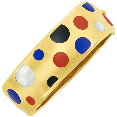 Lot 401 - Gold, Inlaid Black Jade, Jasper, Mother-of-Pearl & Lapis Lazuli Polka Dot Bangle Bracelet, Tiffany & Co.