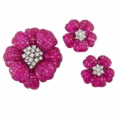 Lot 420 - White Gold, Diamond and Invisibly-Set Ruby Flower Clip-Brooch and Pair of Earrings