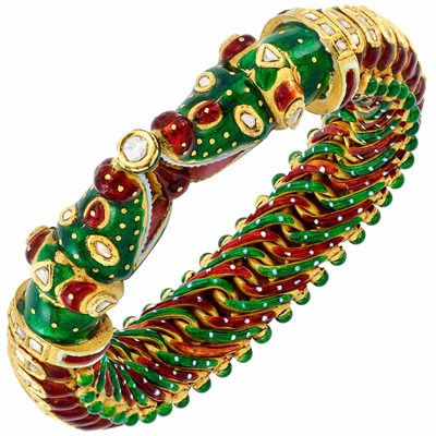 Lot 500 - Indian Gold, Red and Green Enamel and Diamond Snake Bangle Bracelet