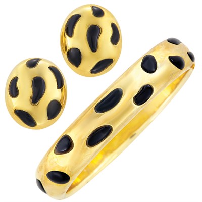 Lot 304 - Gold and Black Onyx Bangle Bracelet and Pair of Earclips