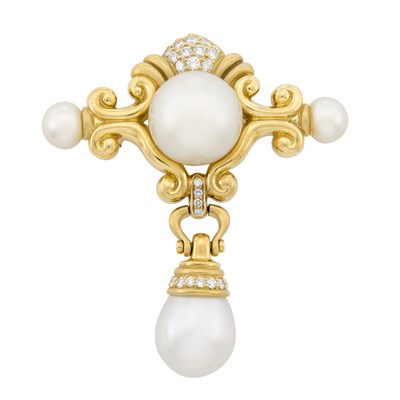 Lot 390 - Gold, South Sea Cultured Pearl and Diamond Brooch, Borbey