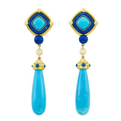 Lot 288 - Pair of Gold, Turquoise, Lapis Lazuli and Diamond Pendant-Earrings