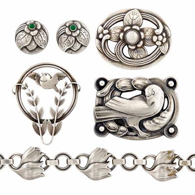 Lot 354 - Group of Sterling Silver and Green Stone Bird and Flower Jewelry, Georg Jensen