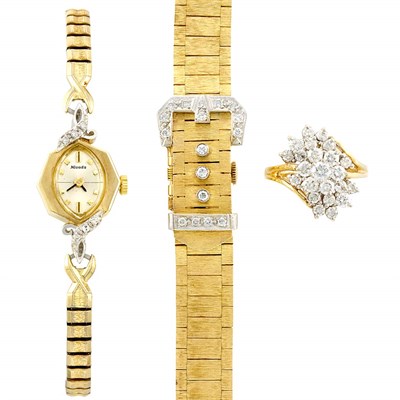 Lot 243 - Two-Color Gold, Metal and Diamond Ring, Buckle Bracelet-Watch and Wristwatch